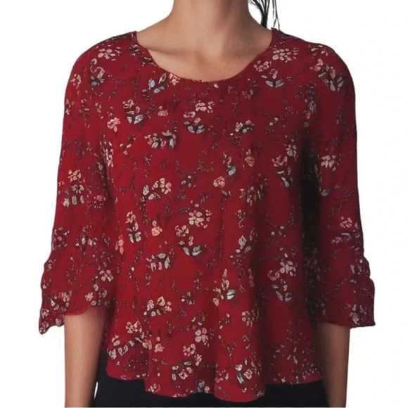3/$25 ❥ Gap Floral Lightweight Viscose Ruffled 3/4 Sleeves Blouse Top Size M Red - Picture 8 of 8